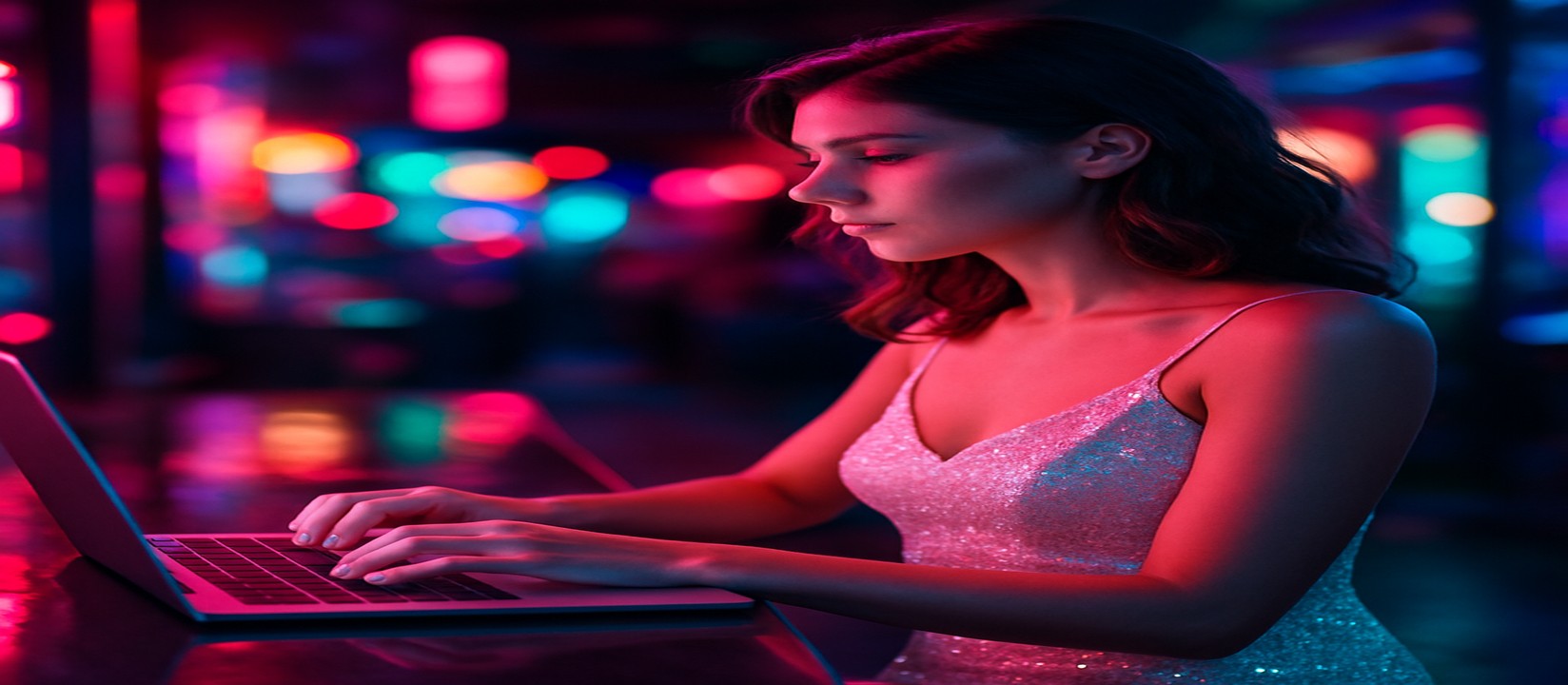 নিয়ন আলো ছায়ায় একজন নারী ল্যাপটপে একটি বিনোদনমূলক অনলাইন গেম খেলছেন, 89bd