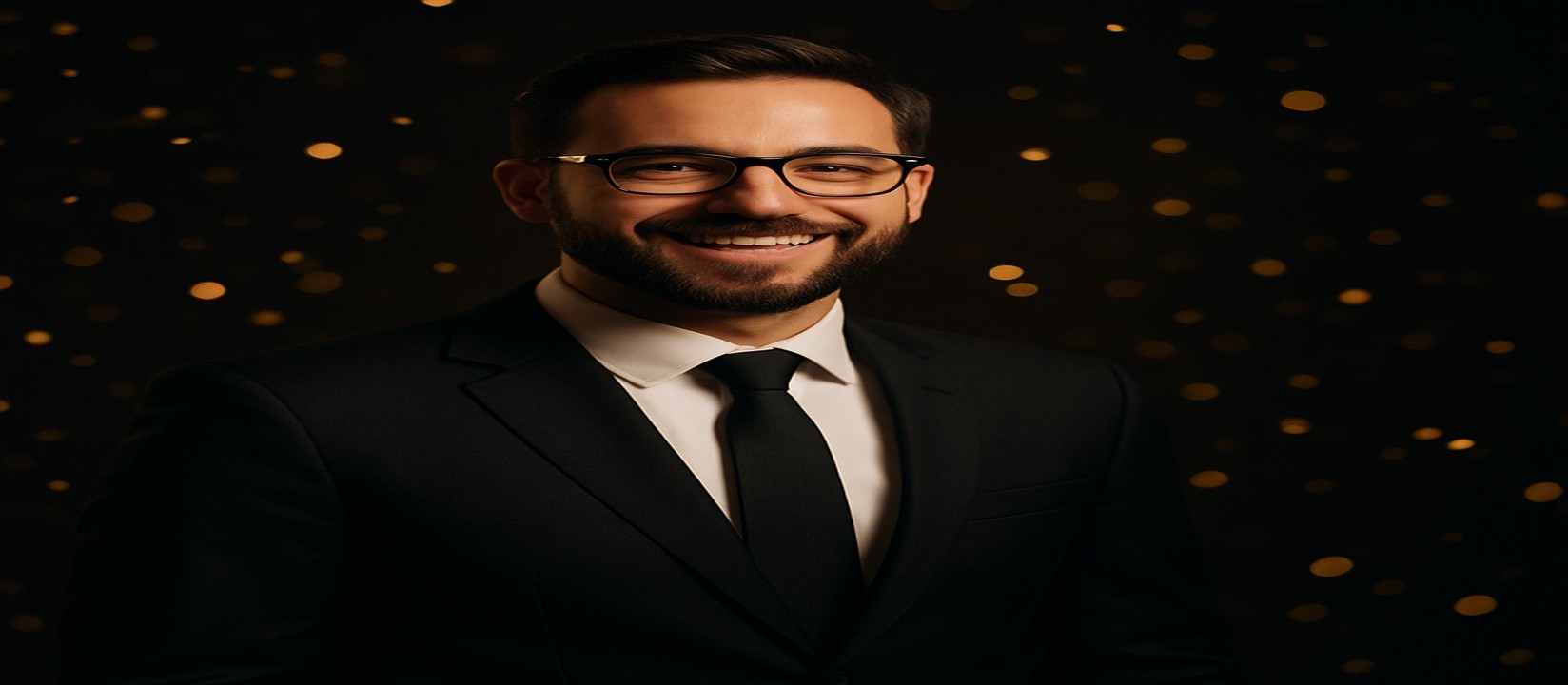 কালো স্যুট পরিহিত একজন আত্মবিশ্বাসী ব্যক্তি, চারদিকে ছড়িয়ে আছে সোনালি আলো—89bd