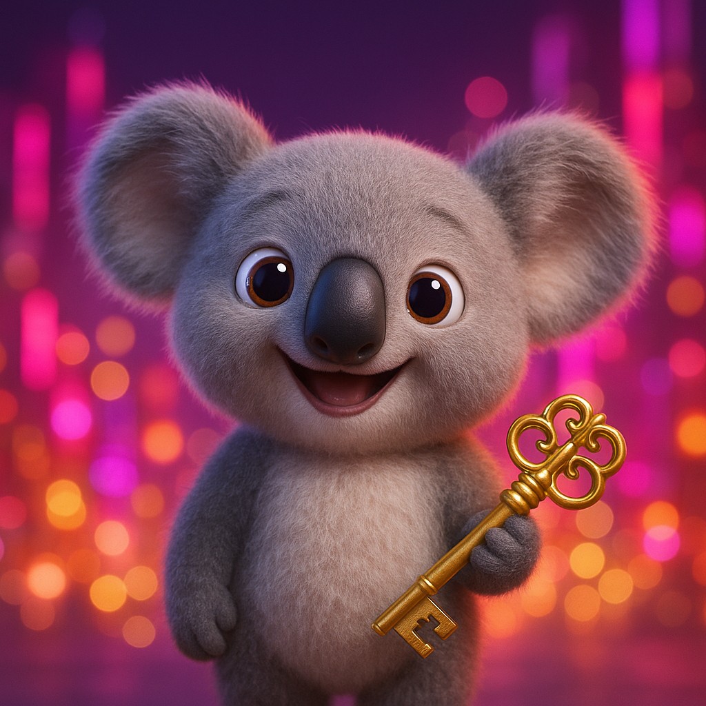 89bd-এ উজ্জ্বল গেমিং পরিবেশে সোনালি চাবি ধরে খুশি একটি চরিত্র