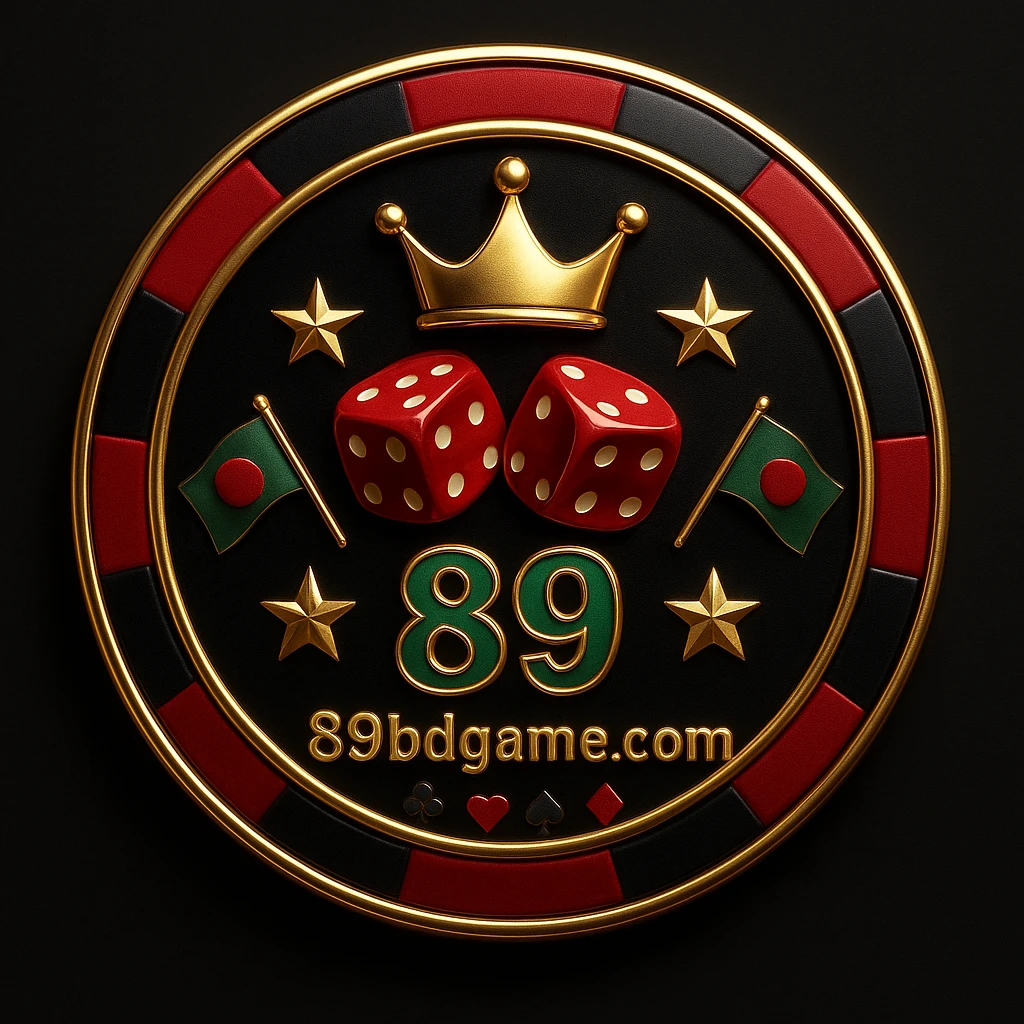 89bd লোগোসহ সোনালি গেমিং প্ল্যাটফর্ম চিপ, মুকুট, তারা, বাংলাদেশের পতাকা ও কার্ড‑চিহ্নসমূহ