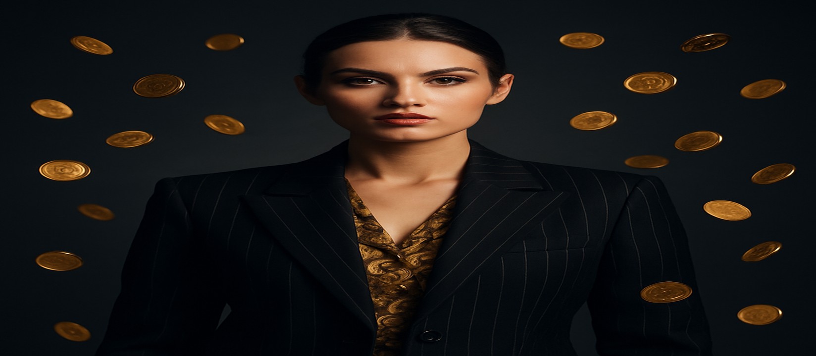 89bd কালো ডোরাকাটা পোশাকে সোনালি আলোয় জ্বলন্ত একজন নারী, চারপাশে ভাসমান সোনার মুদ্রা