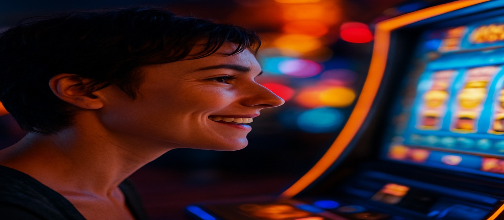 89bd প্ল্যাটফর্মে রঙিন আলোয় হাসিখুশি একজন নারী আর্কেড গেম খেলছেন